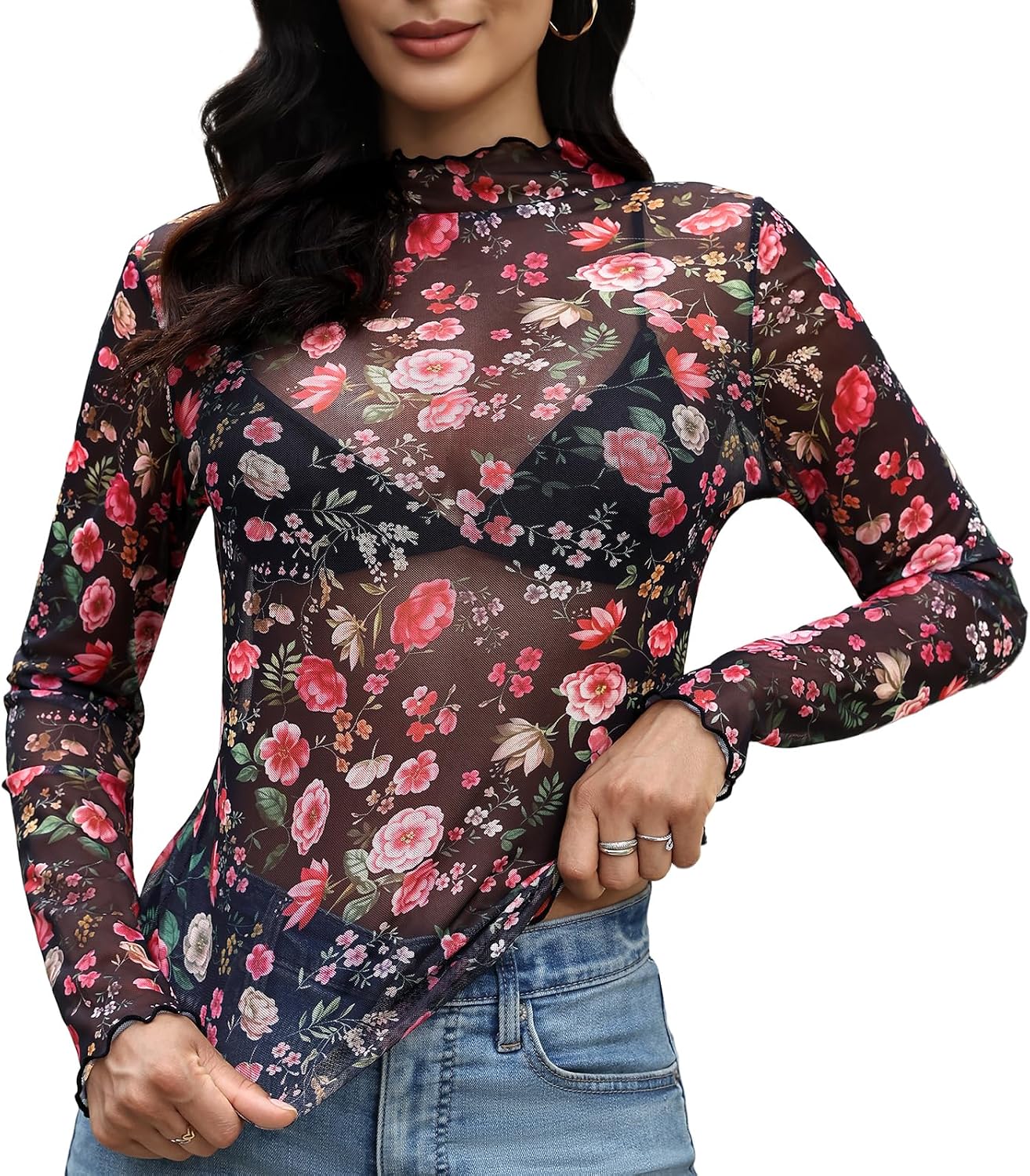 CEROROW Floral Mesh Tops