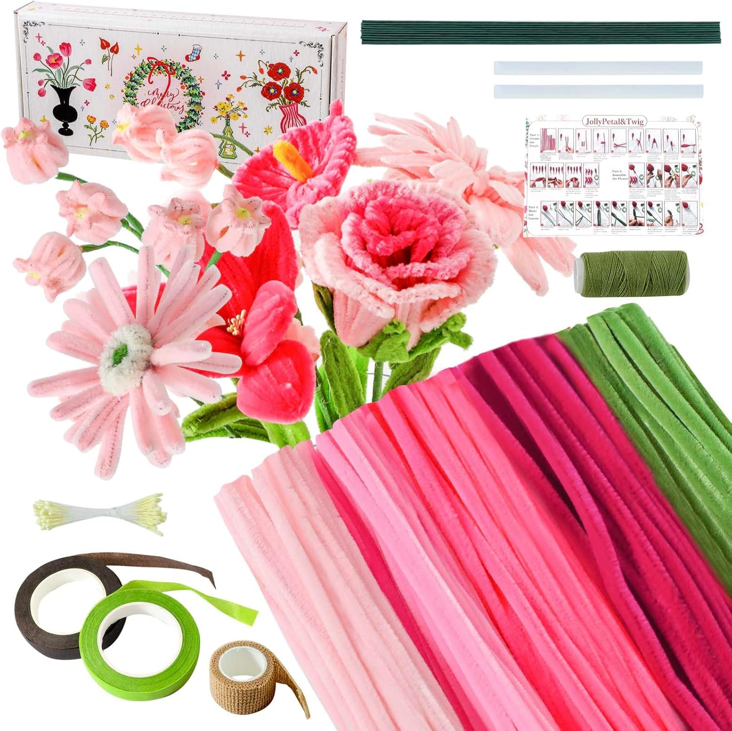 JollyPetal&Twig Pipe Cleaners Craft 5 Colors,Chenille Stems Plush Craft Kit,Pink Pipe Cleaners Flowers Kit with Floral Tape for Wedding Gifts Graduation Bouquet (Pink)