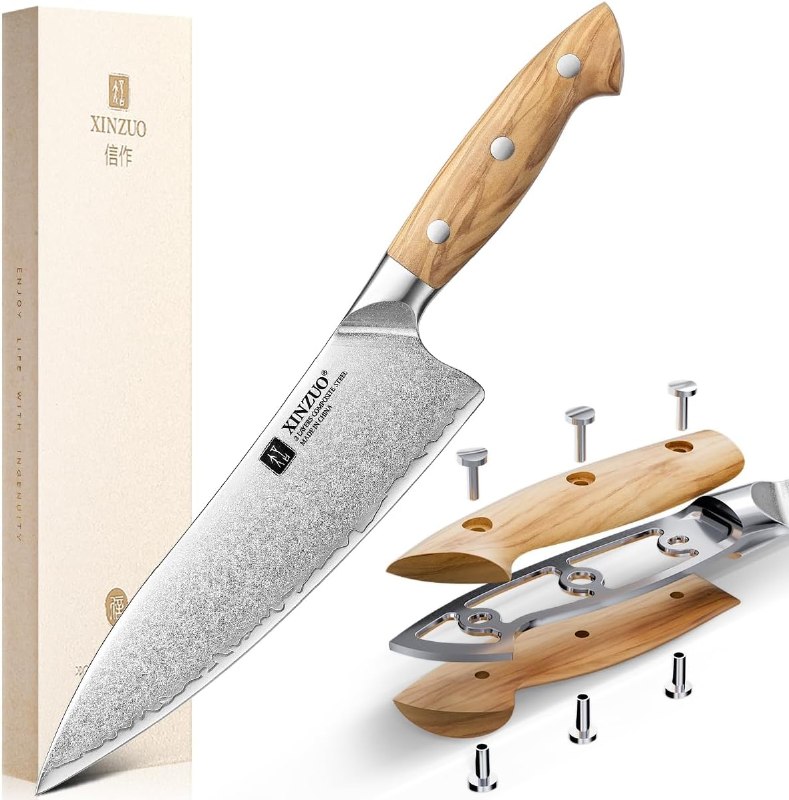 XINZUO Gyuto Chef Knife - 8.3 Inch Kitchen Knife 3 Layer 10Cr15Comov Steel Core High Carbon Steel Blade, Sharp Cutting Knife With Olive Wood + Stainless Steel Rivet Handle