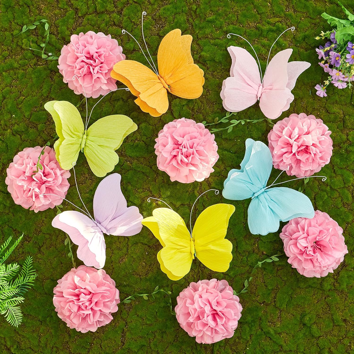 OBBOLO 3D Hanging Butterfly Decorations, Colorful Butterfly Birthday Party Decorations with Tissue Pompom Garland, 6 Pcs Paper Hanging Decorations for Girls, Women, Flower Garden Party Décor