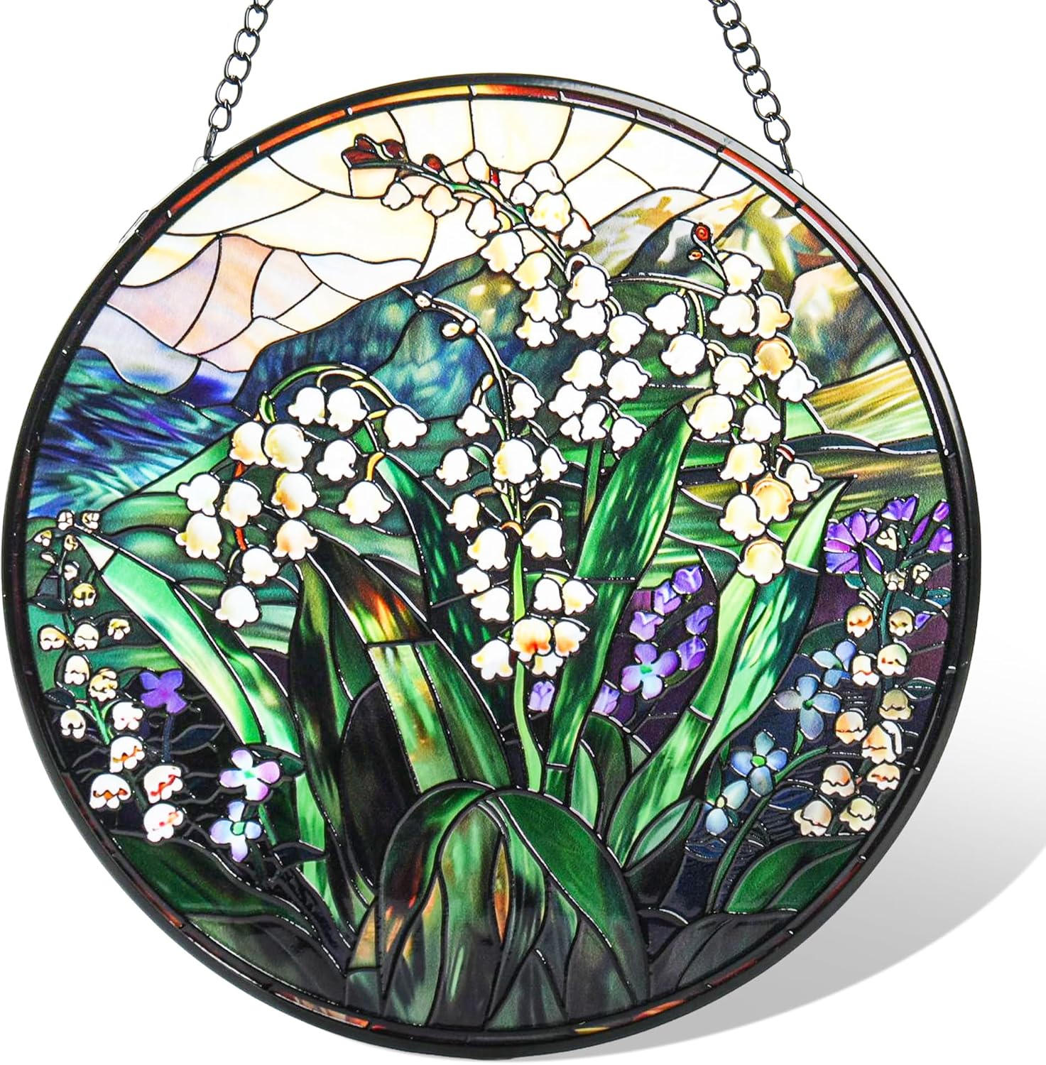 Staied Glass Window Hanging, White Green Lily Sun Catcher for Door Terrace Garden Kitchen Home Decor, Plants Flowers Suncatchers for Christmas Mother's Day Birthday Gift for Women Men Mom Nana 9.8 in