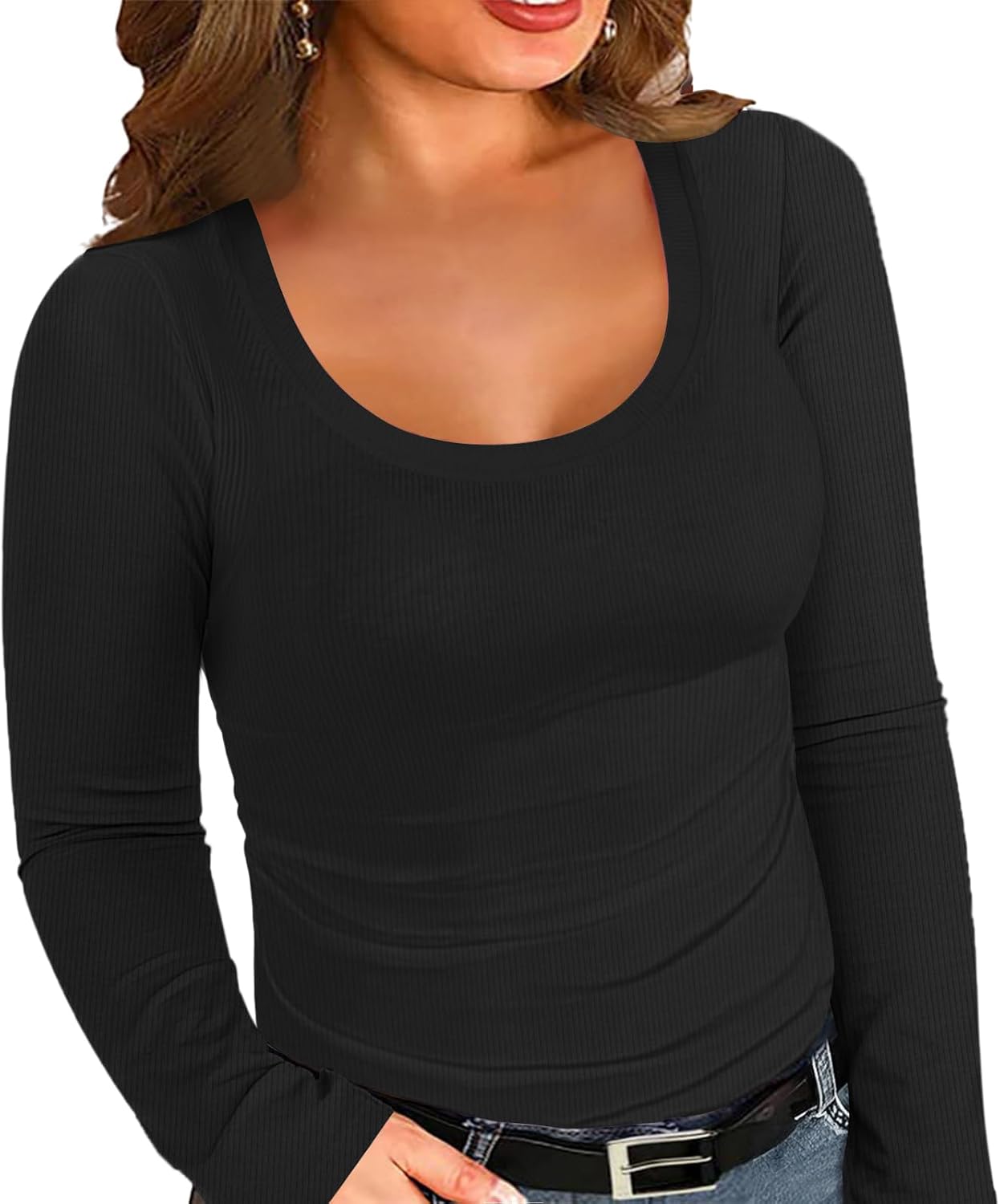 Womens Plus Size Tops Long Sleeve Ribbed Scoop Neck Shirts