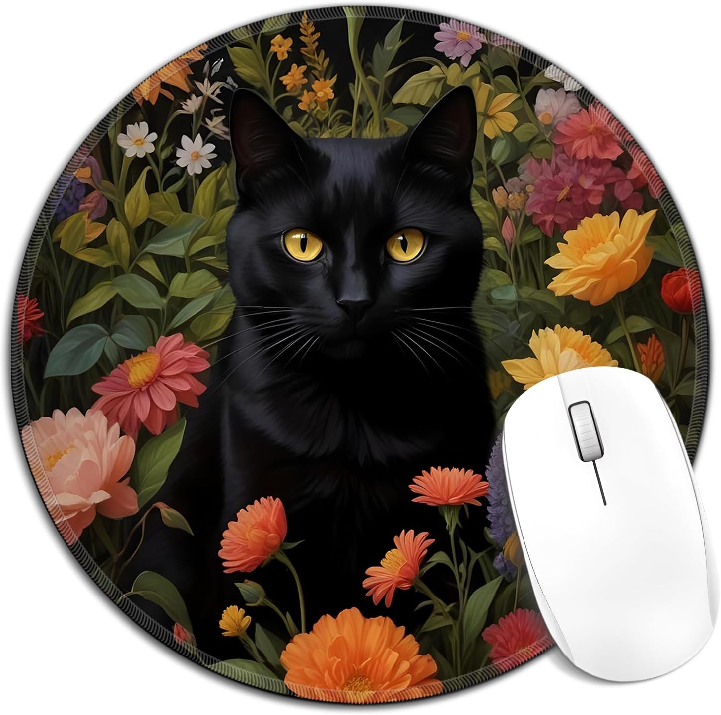 Vintage Black Cat Mouse Pad, Black Cat Lover Gifts for Women, Moody Flower Kitty Kitten Round Mousepad Mouse Mat with Anti-Slip Rubber Base for Computer Laptop Home Office Desk, 7.9x7.9 in