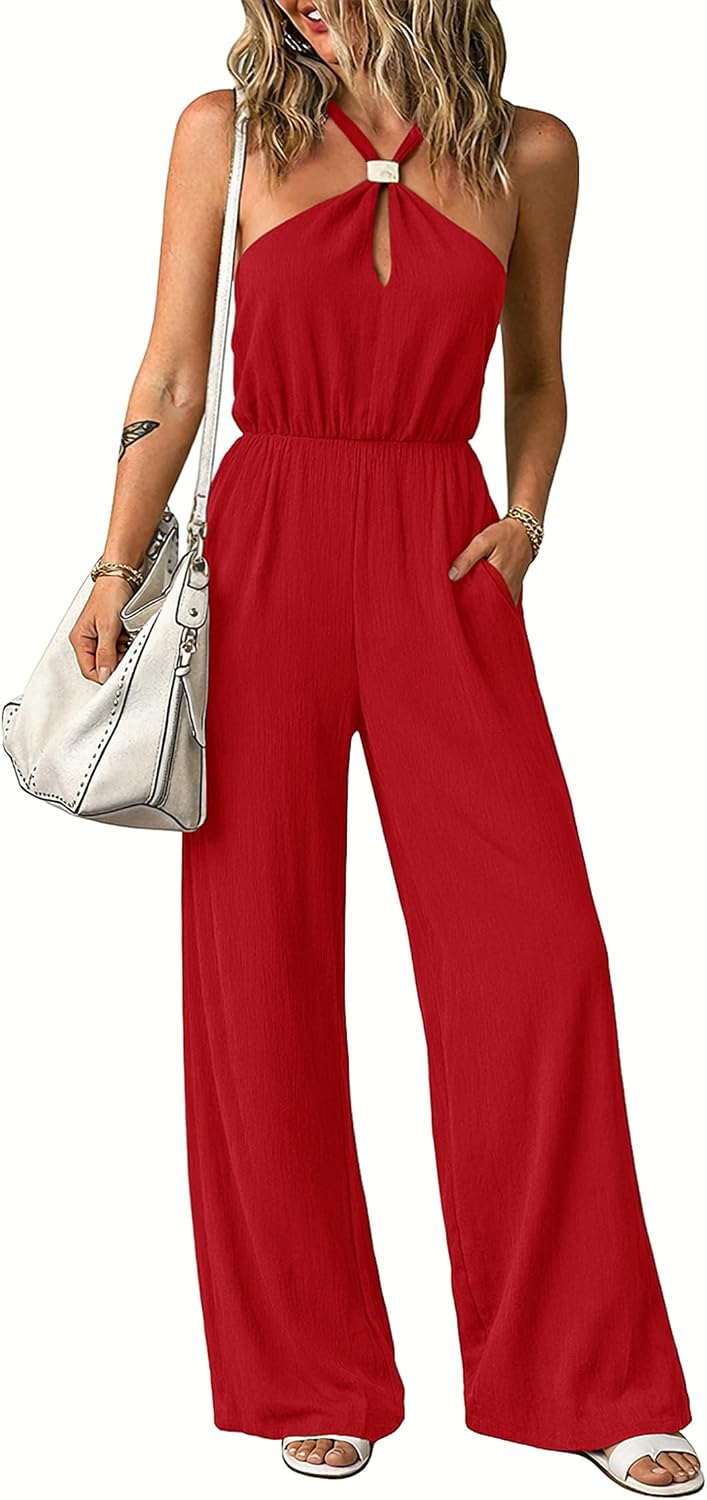 Lazysmile Summer Jumpsuits for Women Sleeveless Halter Backless Pants Romper Dressy Wide Legs One Piece Outfits