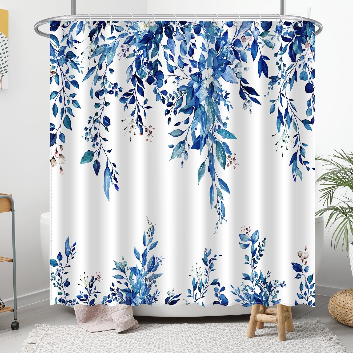 Eucalyptus Shower Curtain, Abstract Aesthetic Art Watercolor Plant Leaves with Floral Bathroom Decor, Waterproof Fabric Cloth Bath Curtain Set with Hooks (Dark Blue, 72x72 Inches)