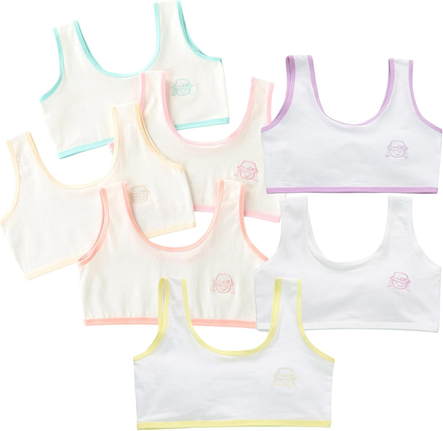 Cotton Bralette Seamless Cami Crop Bras Girls' Multi Single-Layer Stretch Sports Bra 8-12years Old (US, Alpha, Medium, Regular, Colorful&WHITE7)