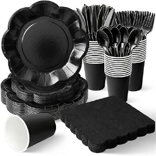 PR!CE DROP ( ) Vyntra Black Scalloped Paper Plates Set, 175 Pcs Disposable Party Plates, Elegant Fancy Paper Dinnerware for Weddings, Birthdays, Halloween & Events