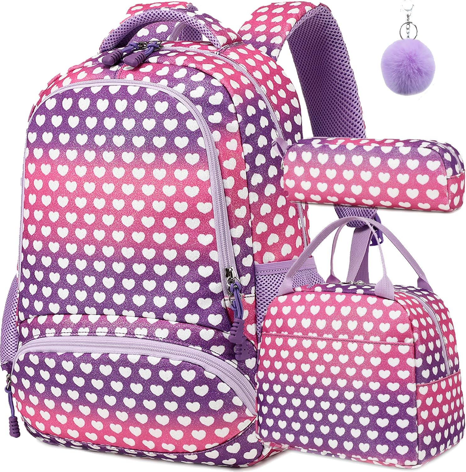 Jumpopack Glitter Girls Backpack School Backpacks for Girls Backpack with Lunch Box,Kids Bookbag School Bag for Kindergarten, Preschool & Elementary,Heart Print