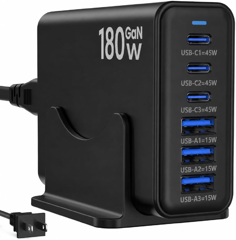 Newdarren 180W GaN Charging Station, 6 Port Desktop Charger, 3 Ports 45W