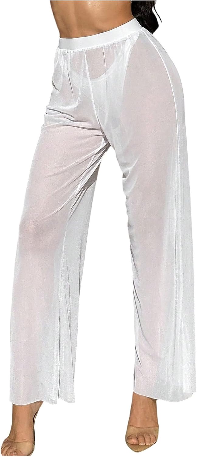 OYOANGLE Women's Beach Cover Up Pants Sheer Mesh See Through Bikini Bottom Swimsuit Coverups
