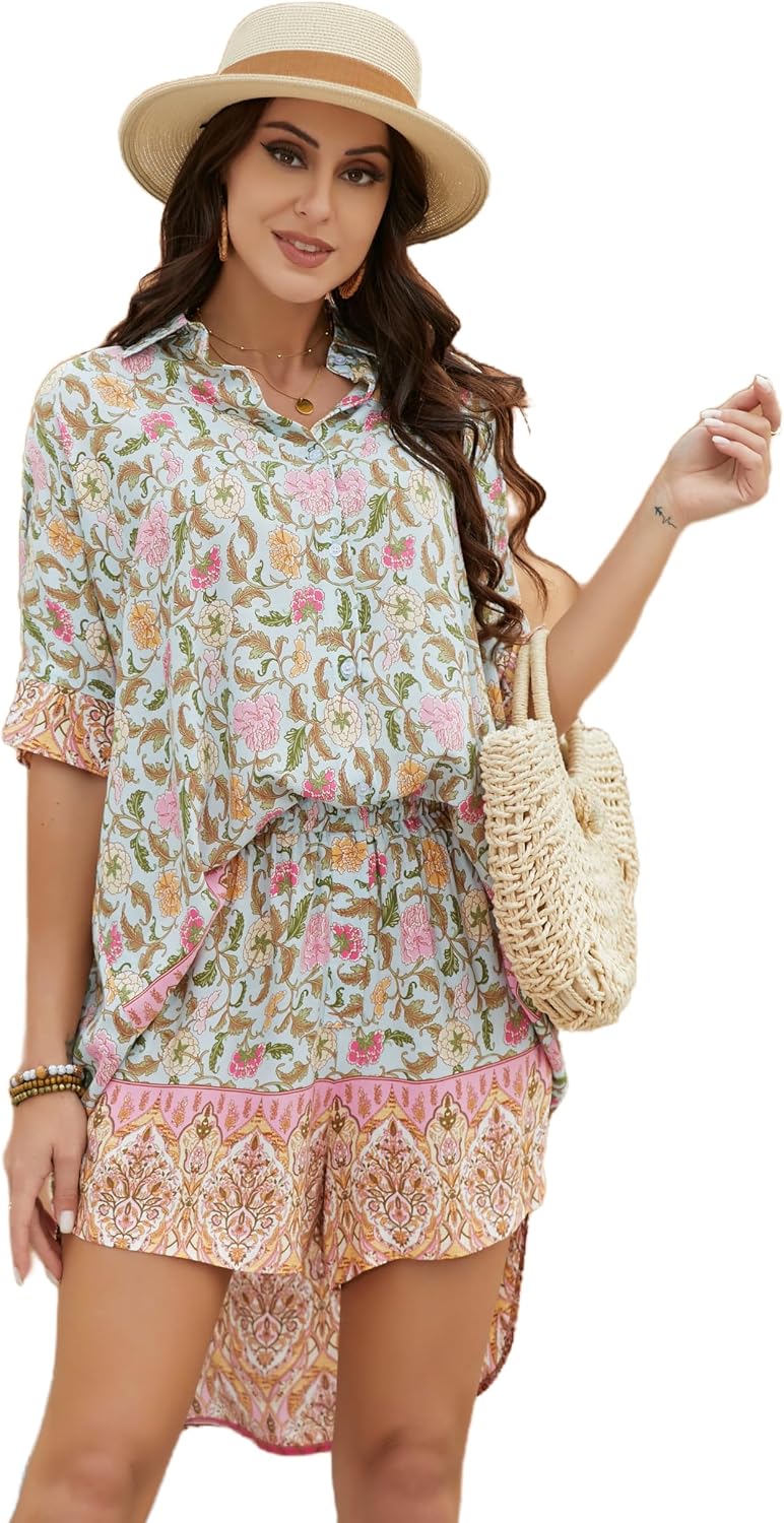 Womens Boho Floral 2 Piece High Waist Shorts Open Front Tunic Set