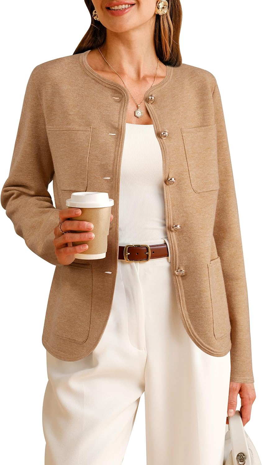 Arach&Cloz 2026 Fashion Sweater Blazers for Womens Long Sleeves Collarless Button Down Wool Cashmere Dressy Work Business Casual Clothes Spring Winter Trendy Cardigan Pockets Brown XL