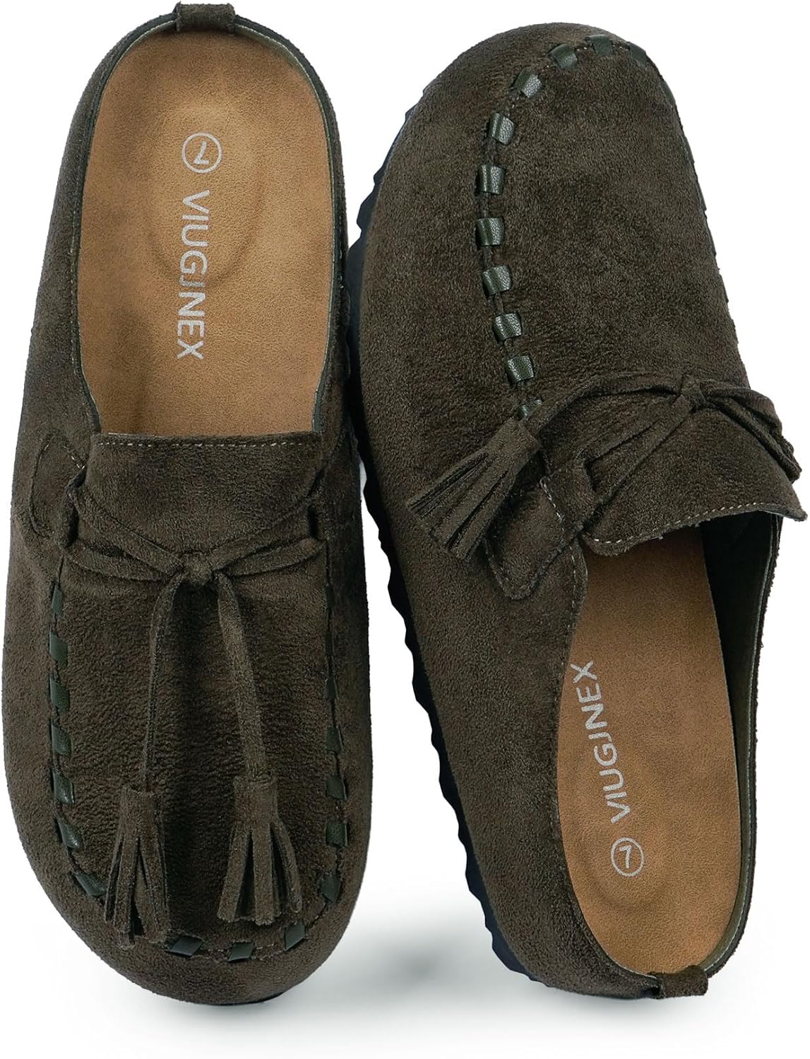VIUGJNEX Tassel Fringe Clogs for Women Comfortable Footbed Slip-on Mules Loafers Round Toe Faux Suede Potato Shoes with Arch Support Work Dress Business Walking Casual Womens Shoes 6 Olive B