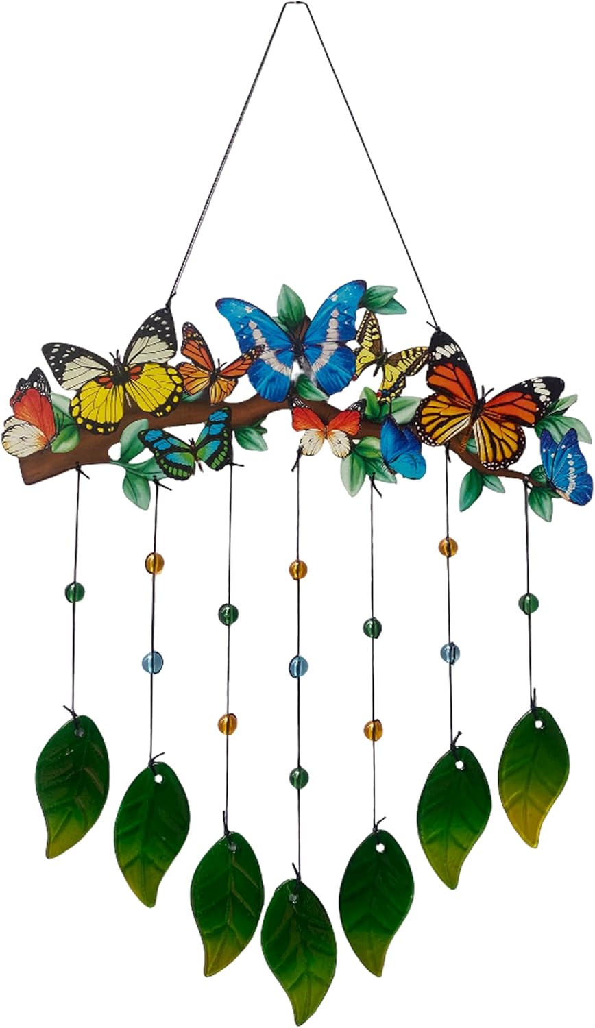 Metal Butterfly Wind Chimes Colorful Glass Leaves Hanging Decor for Outdoor Garden Porch Yard