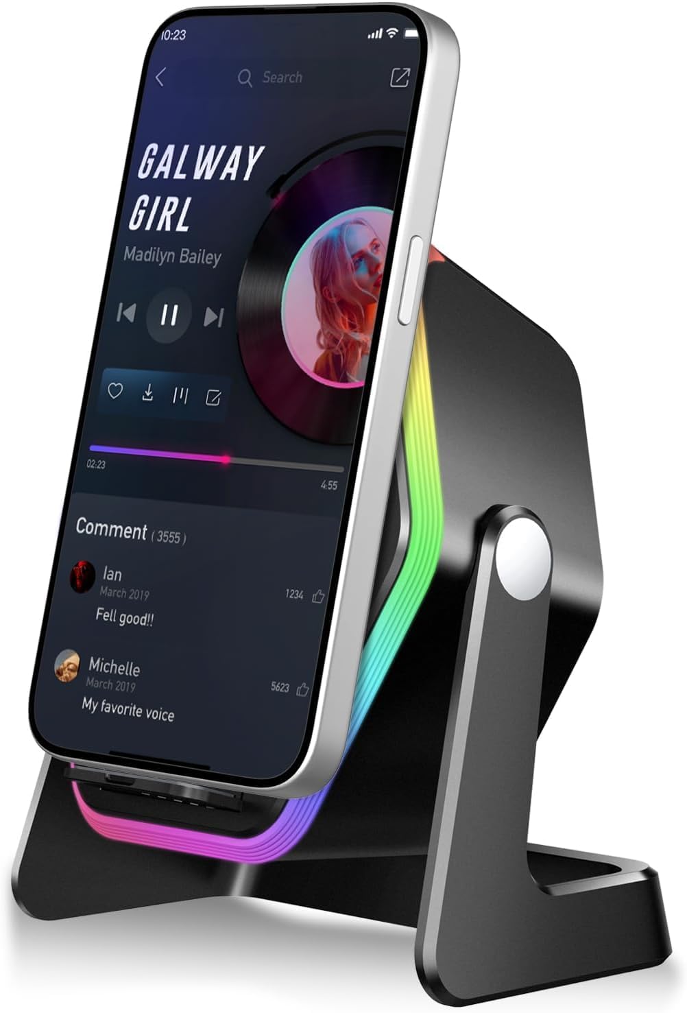 Hupoaf Wireless Induction Speaker, 5 in1 Bluetooth Phone Speaker with Mirror, Stereo Sound, RGB Ambient Light, 2600mAh, Tech Gifts for Men Women, Adjustable Phone Stand for iOS/Android, RGB-Black