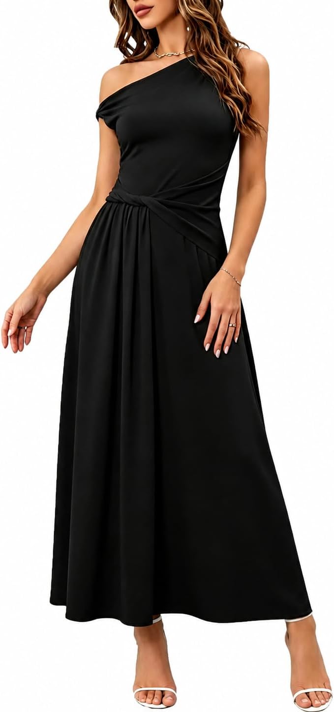 Womens Summer One Shoulder Maxi Dresses 2026 Casual Sleeveless Formal Wedding Guest Vacation Dress Long Flowy
