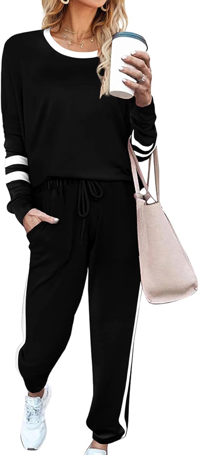 Lounge Sets for Women 2 Piece Long Sleeve Business Casual Outfits Loose Fitting Tracksuit Set Black M