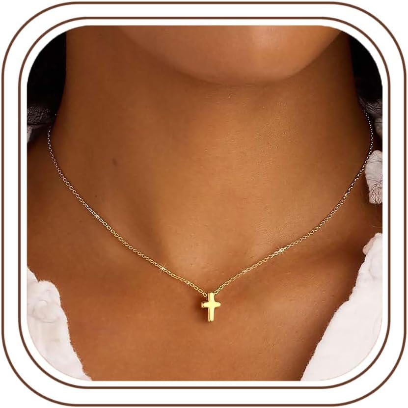 M MOOHAM Small Cross Necklace for Women Girls, 14K Gold Plated Necklace