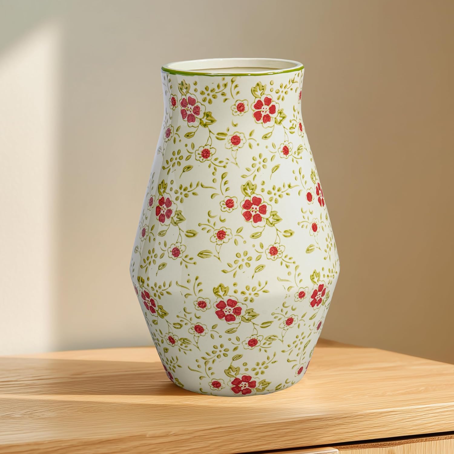 Green Chinoiserie Ceramic Vase, 11 Inch Tall