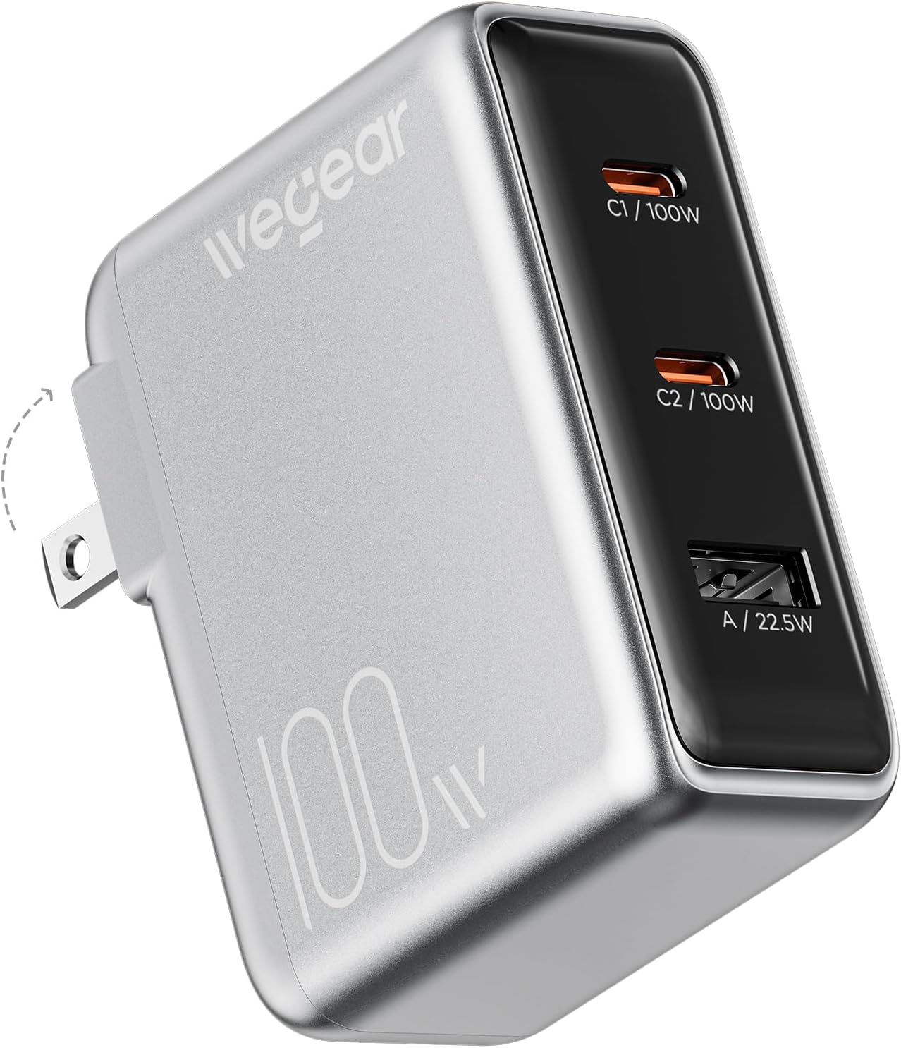 wegear 100W GaN USB Charger Block, 3-Port Slim Fast Wall Charger, Silver
