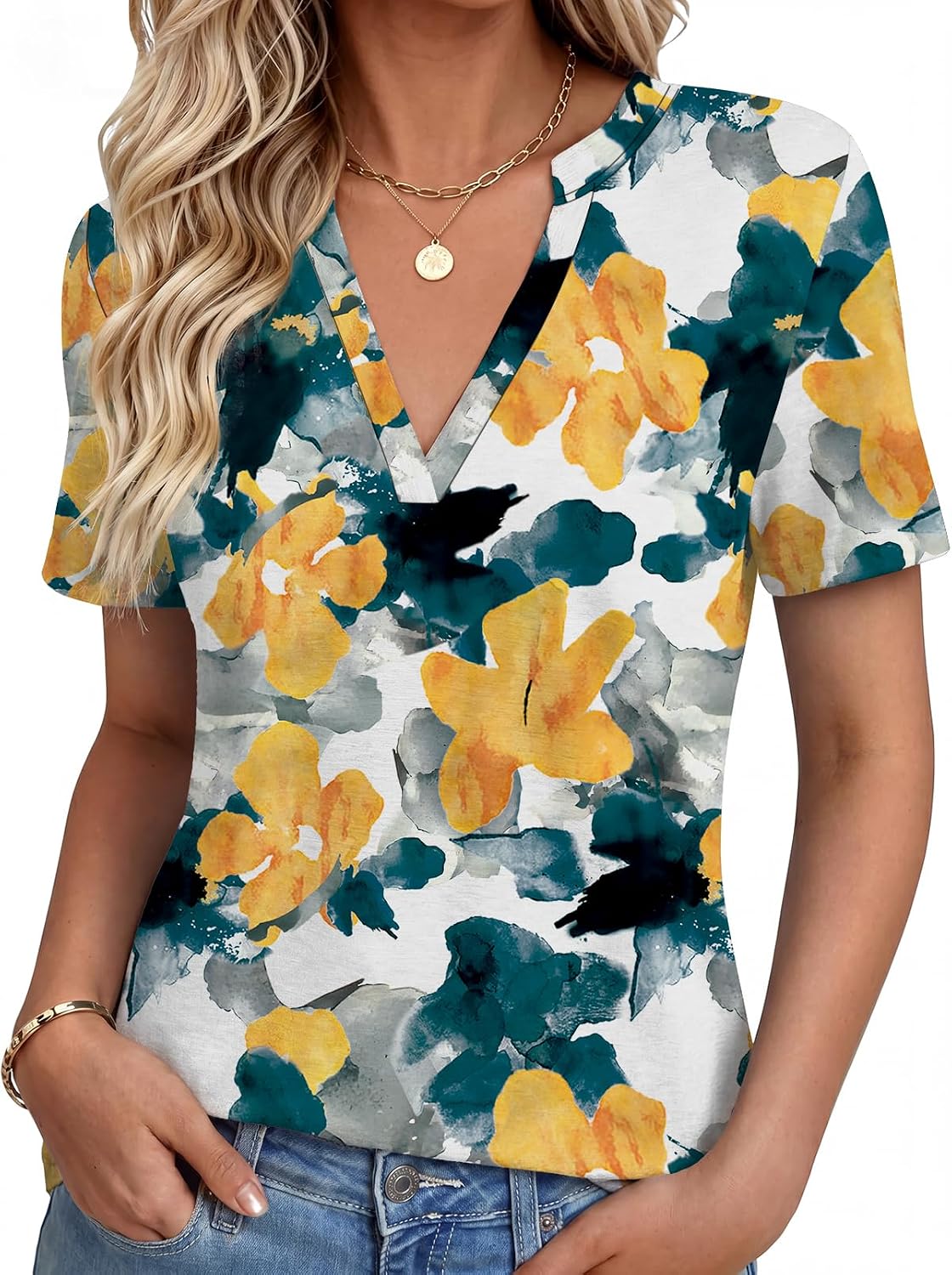 NORACORA Women's V Neck Short Sleeve T Shirt Summer Casual Tops Basic Blouses Trendy Fashion for Work Daily Wear