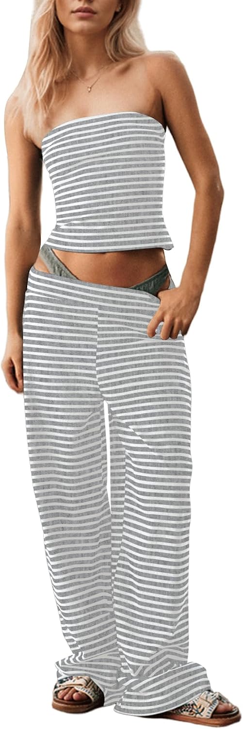 MISSACTIVER Women Two Piece Sets Striped Matching Outfits Strapless Crop Tube Top and Elastic Waist Wide Leg Pants Set