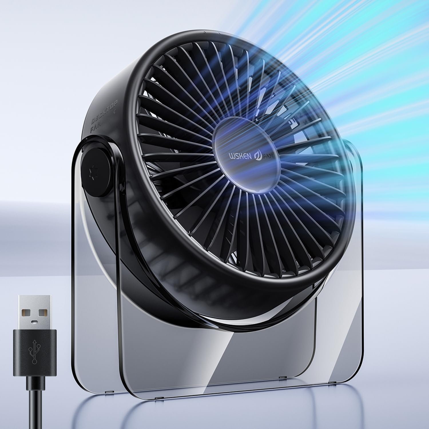 WSKEN USB Small Desk Fan - Aesthetic Design Mini But Powerful Portable Ultra Quiet 3 Speeds Wind Desktop Personal Fan for Outdoor Travel Bedroom Bedside Table Top Office,Acrylic Base,Black