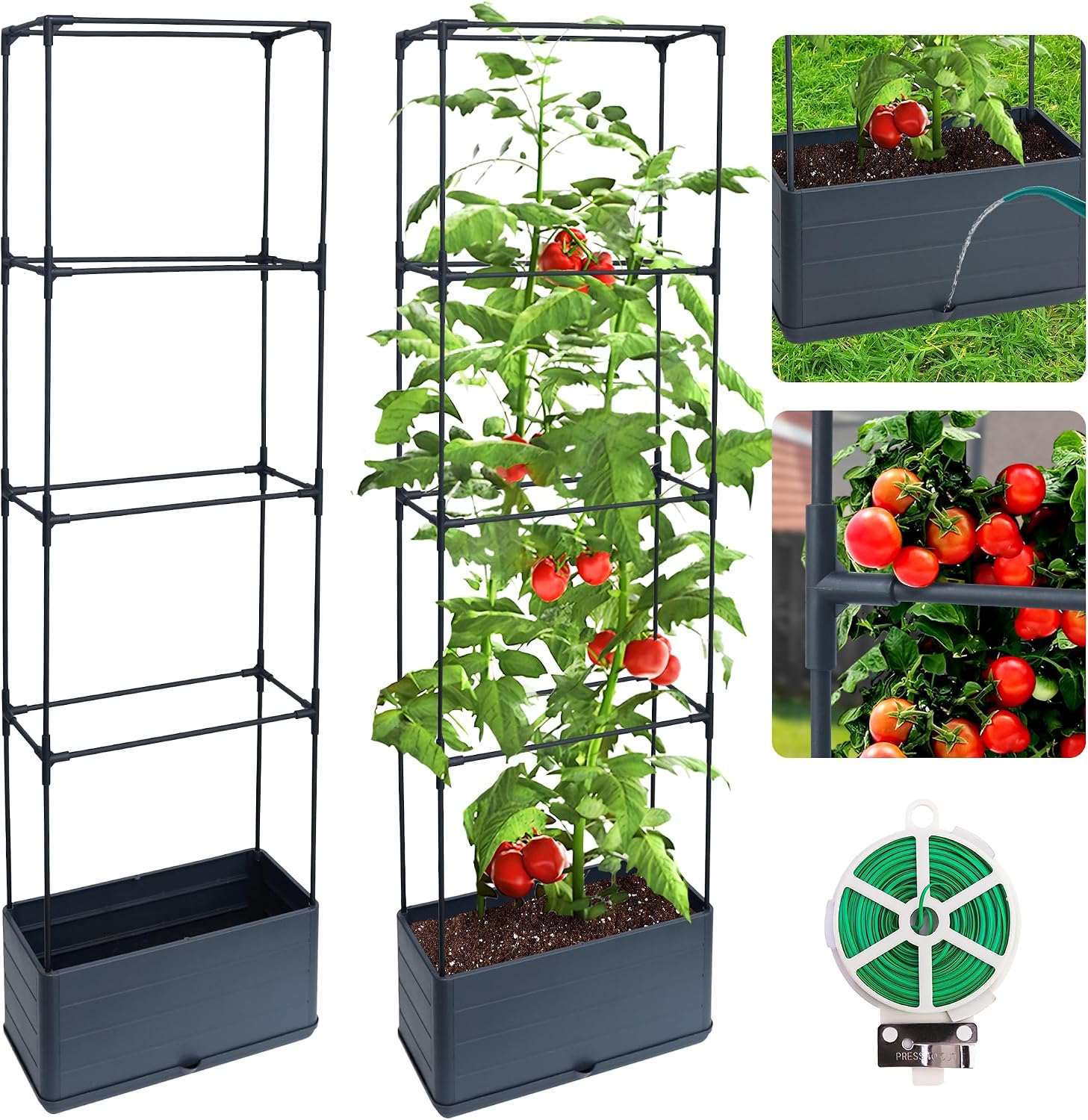 2 Packs Raised Garden Bed Tomato Planter Box with Trellis, 55.2" Self-Watering Tomato Cage with Rectangular Trellis for Climbing Plants Flowers Vegetables Vine in Patio Garden Indoor Outdoor