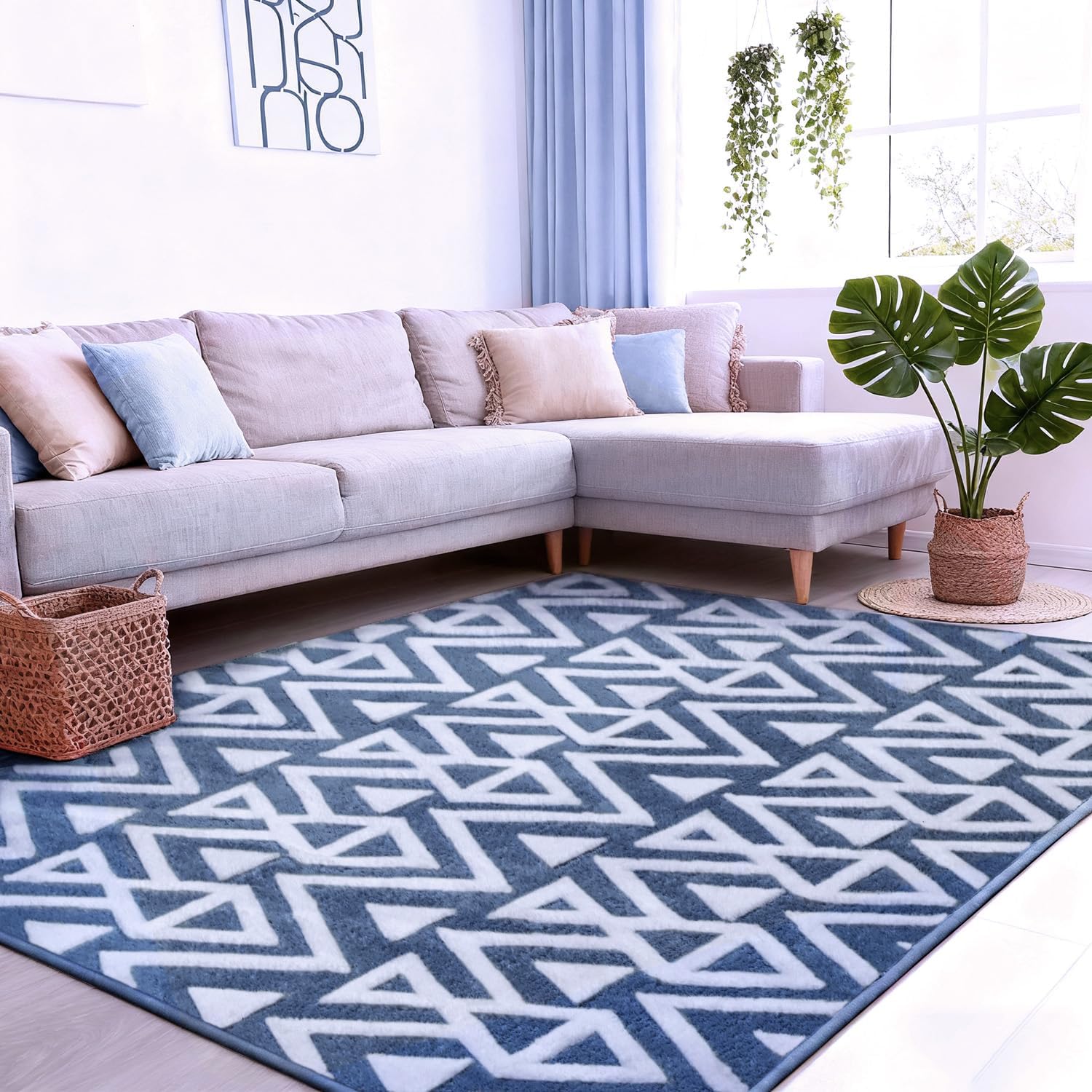 Ultra Soft Shaggy Rugs Memory Foam Bedroom Carpet, Blue 5 x 8 Feet, Plush Geometric Textured Area Rugs for Living Room Couch Dorm Bedside Kids Girls Teens Room Nursery Decor Floor Mat