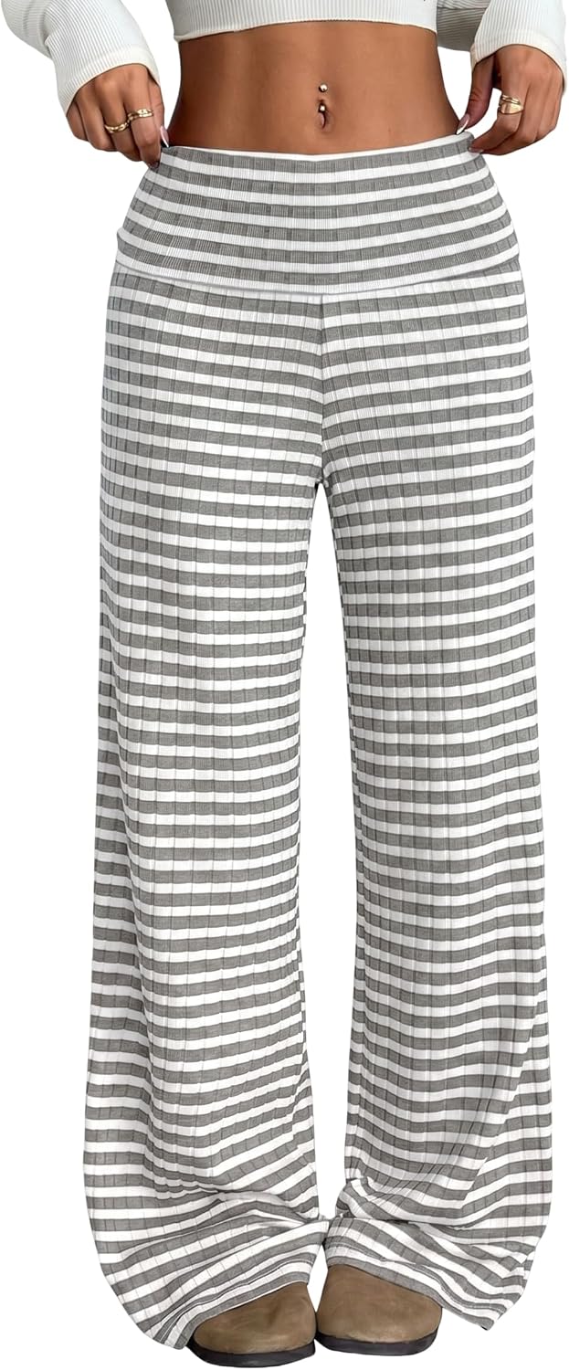 QJQ Women's Striped Knit Wide Leg High Waisted Pants Textured Elastic Waist Casual Lounge Trousers