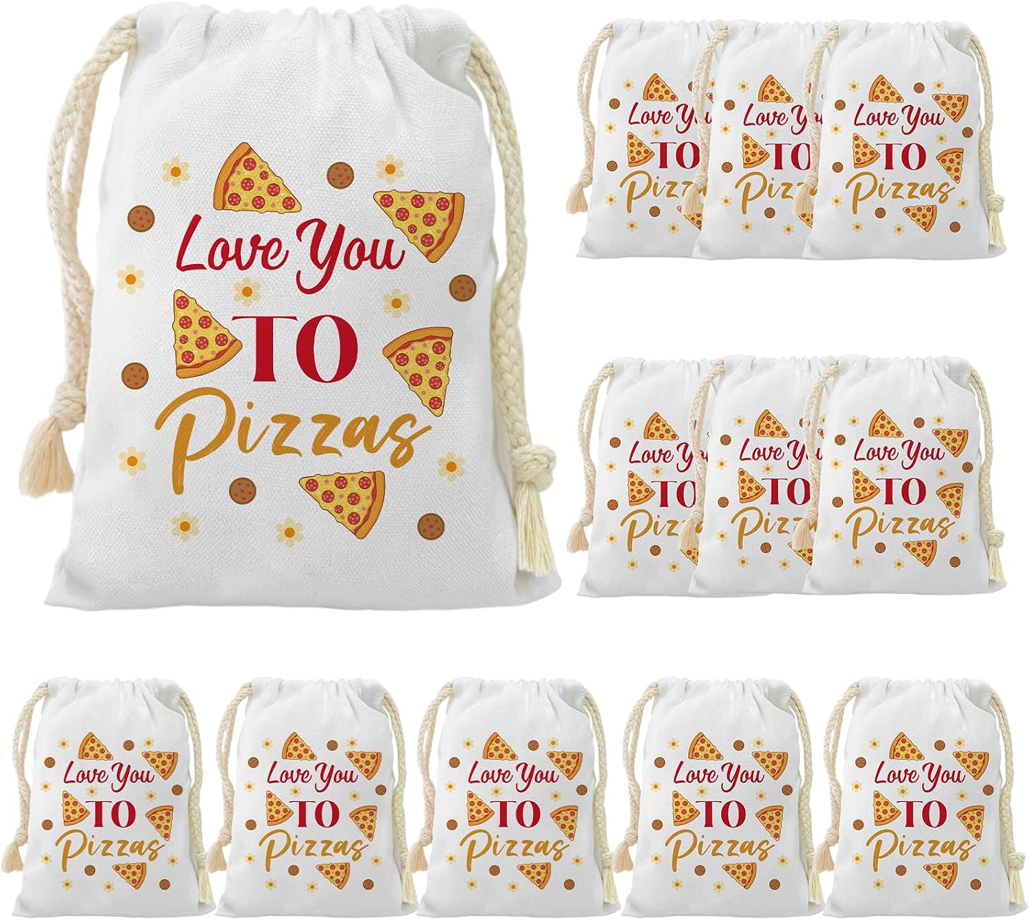 12PCS 5.9 X 7.9 Inch Love You to Pizzas Gift Bags Valentine’s Day Pizza Party Candy Treat Goodie Bags with Drawstring for Pizza Valentine’s Day Birthday Baby Shower Wedding Party Favors Supplies