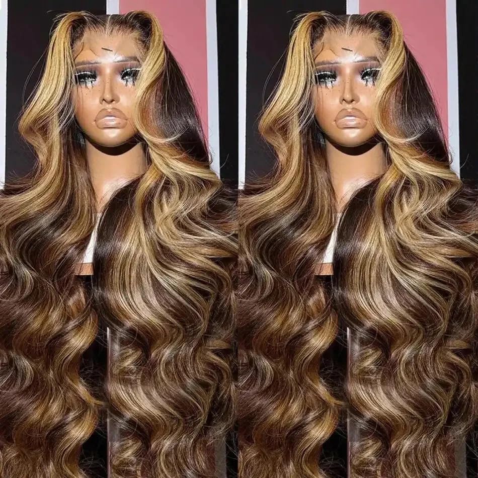 250% Density Honey Blonde Wig Human Hair 13X4 HD Highlight Ombre Lace Front Wig Human Hair 4/27 Colored Body Wave Lace Frontal Wigs Human Hair Glueless Pre Plucked Wigs With Baby hair 26 Inch