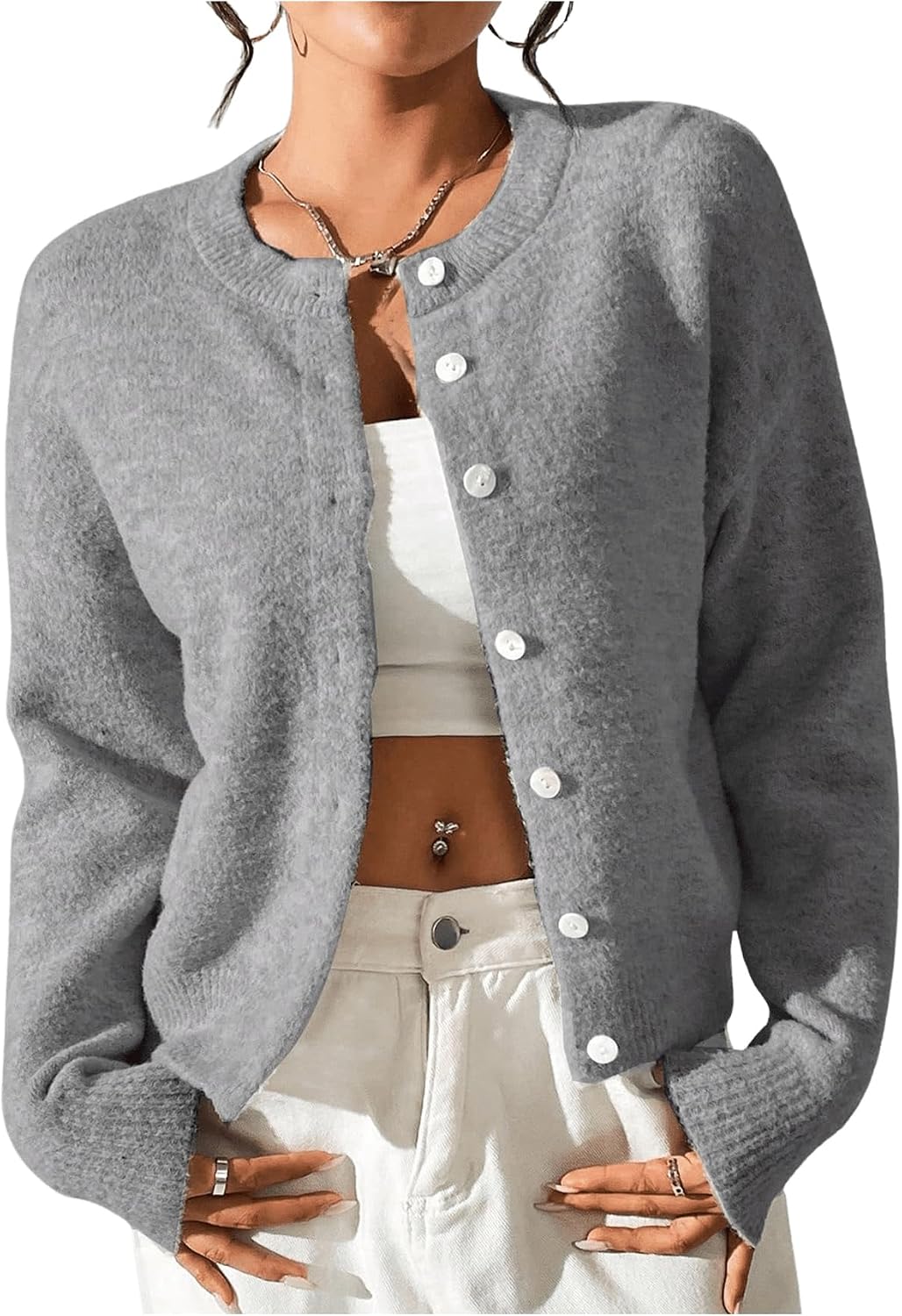 SweatyRocks Women's Fall Button Down Lightweight Cardigan Ribbed Knit Long Sleeve Crew Neck Sweater