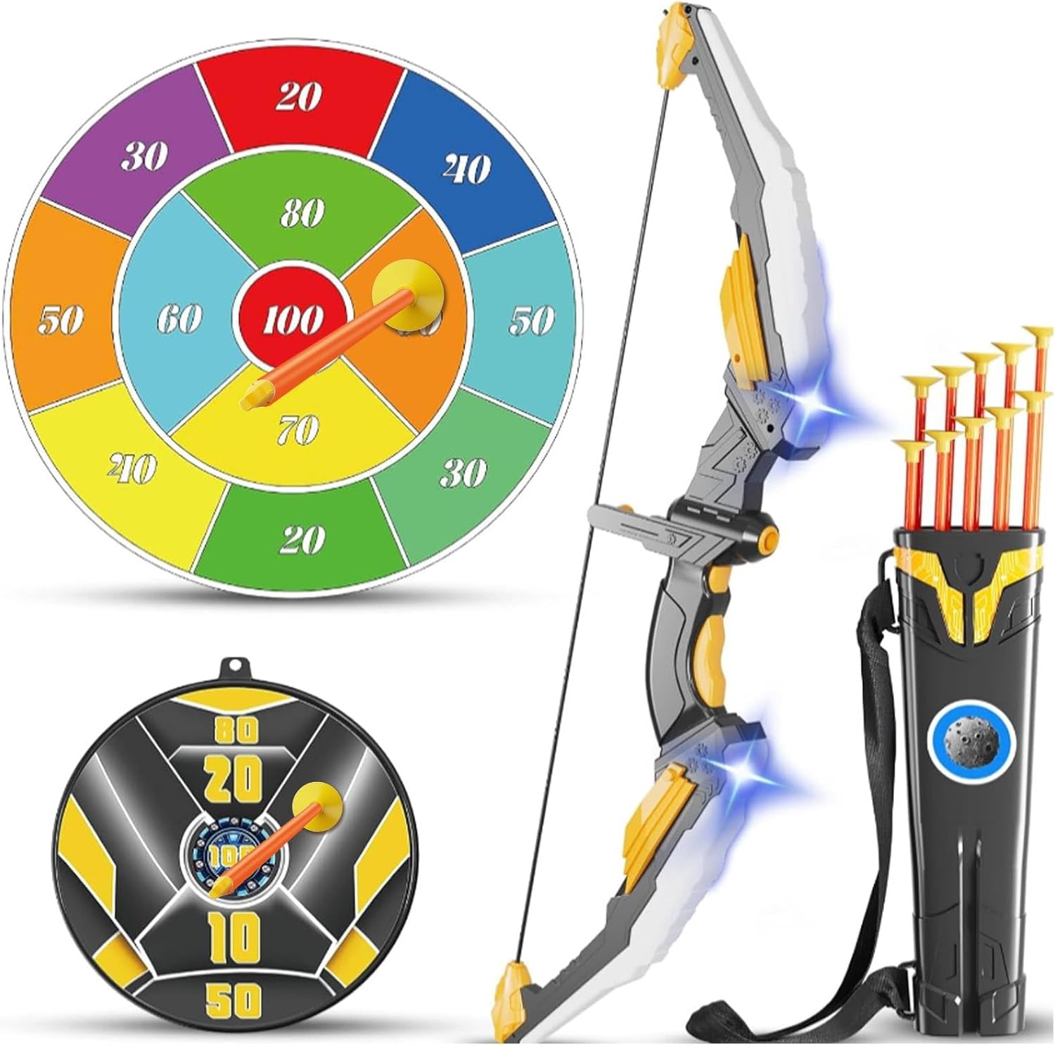 TIGTECGAME Bow and Arrow for Kids, LED Light Up Archery Set with 10 Suction Cup Arrows & 2 Targets, Indoor Outdoor Toys for Boys & Girls Ages 4 5 6 7 8 9 10 12, Backyard Shooting Game, Birthday
