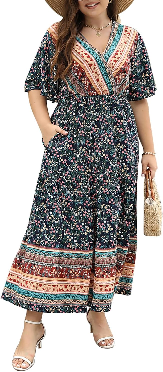 Keluummi Women's Plus Size V Neck 3/4 Sleeve Empire Waist A-Line Maxi Dress
