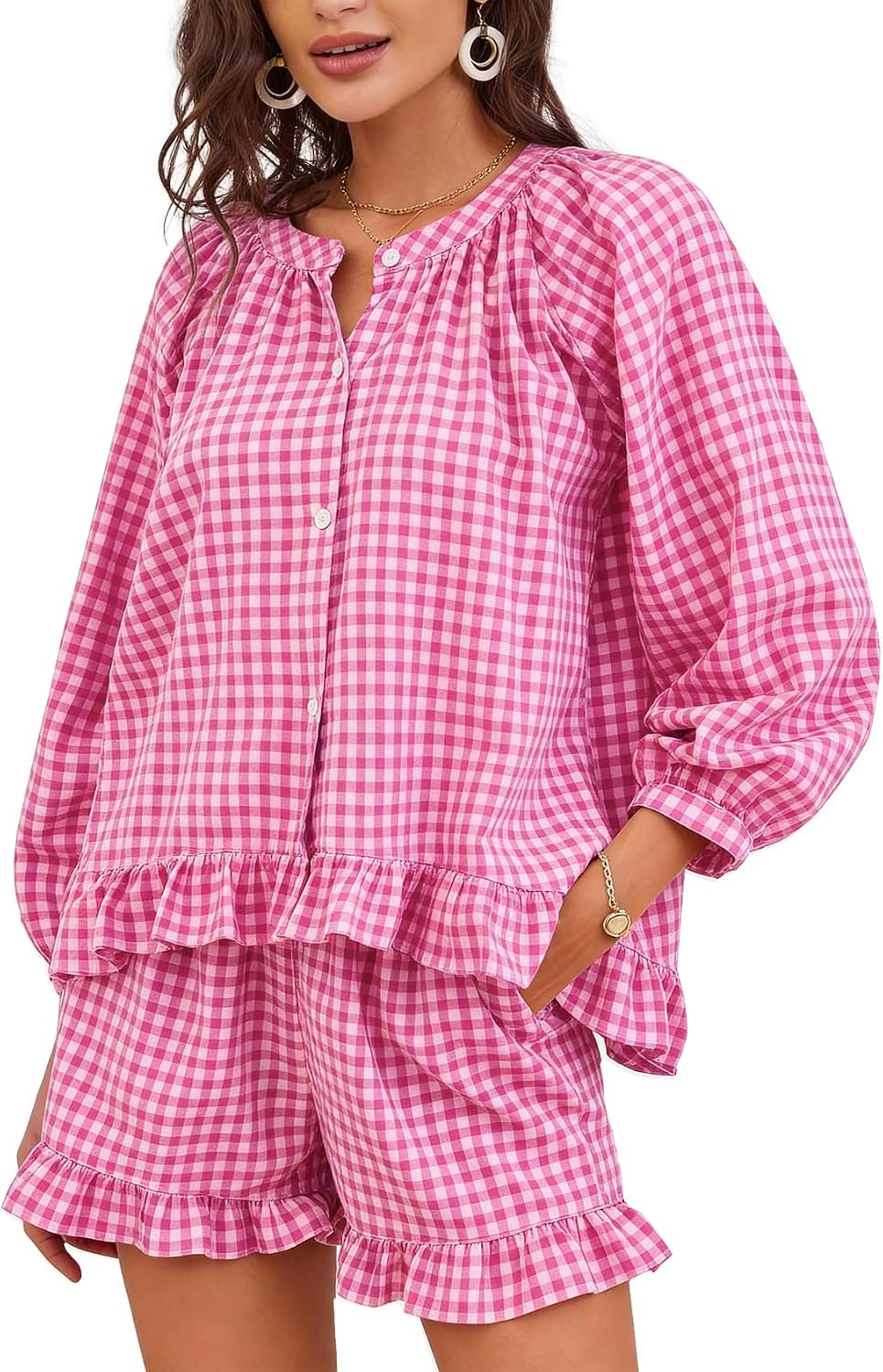 Flygo Women's Gingham Pajama Sets