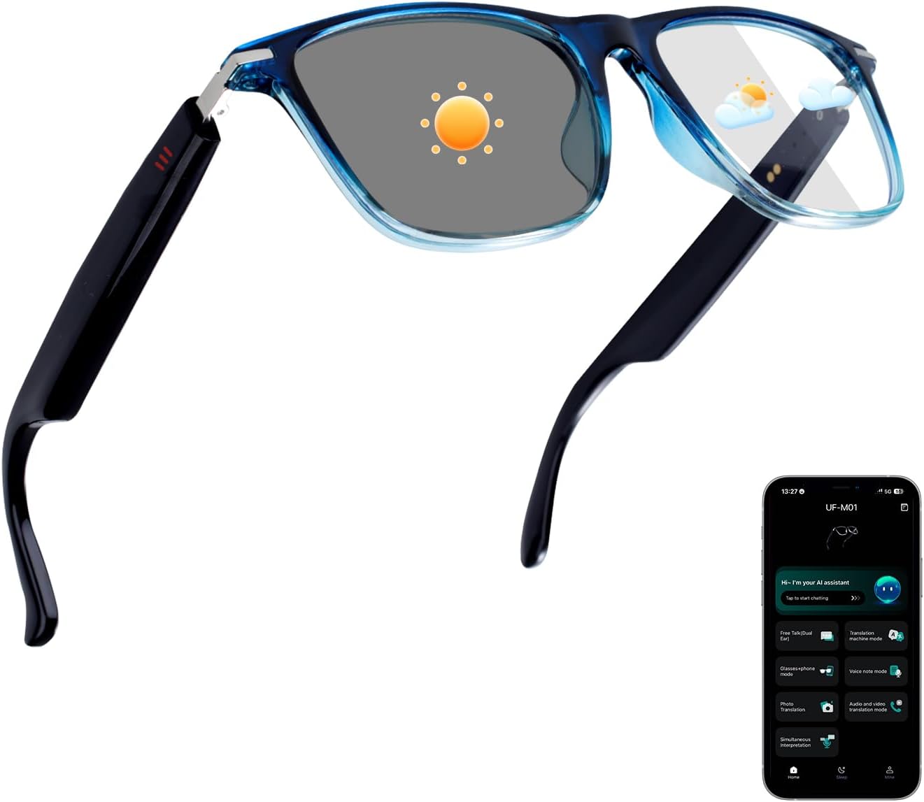 AI Smart Glasses for Men & Women, Photochromic AI Translation Glasses, Support 165+ Languages, Touch Control & IPX5 Waterproof, Multifunctional Bluetooth glasses, Travel Meeting Business Trade(Blue)