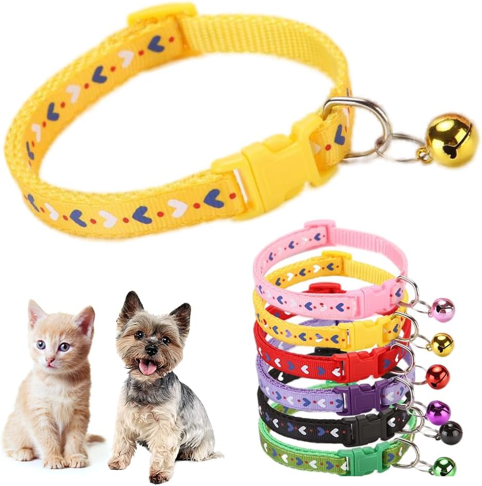 Yellow Small Cat Collar with Bell,Love Pattern Dog Collar Girl Cute Fancy Puppy Collar with Bells for XXS XS Tiny Little Kitten Pet Female Dogs,Neck 7-12 Inch