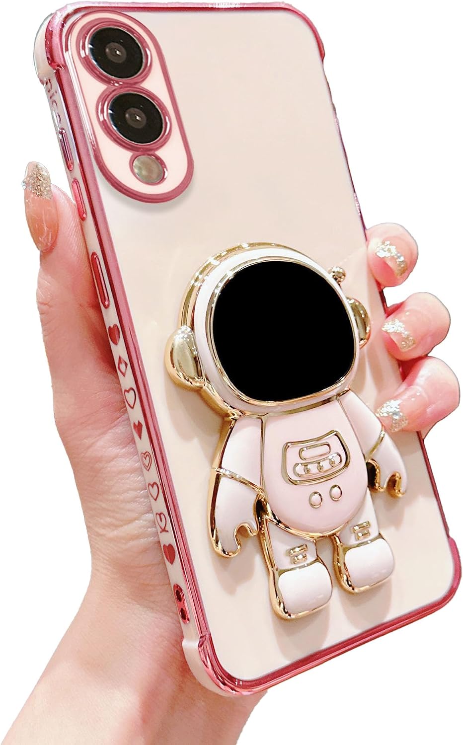 for Samsung Galaxy S25 Edge Astronaut Hidden Stand Holder Phone Case Luxury Gold Plated Cute Astronaut Side Love Heart Camera Protector Soft Shockproof Kickstand Cover (Pink, for Samsung S25 Edge)