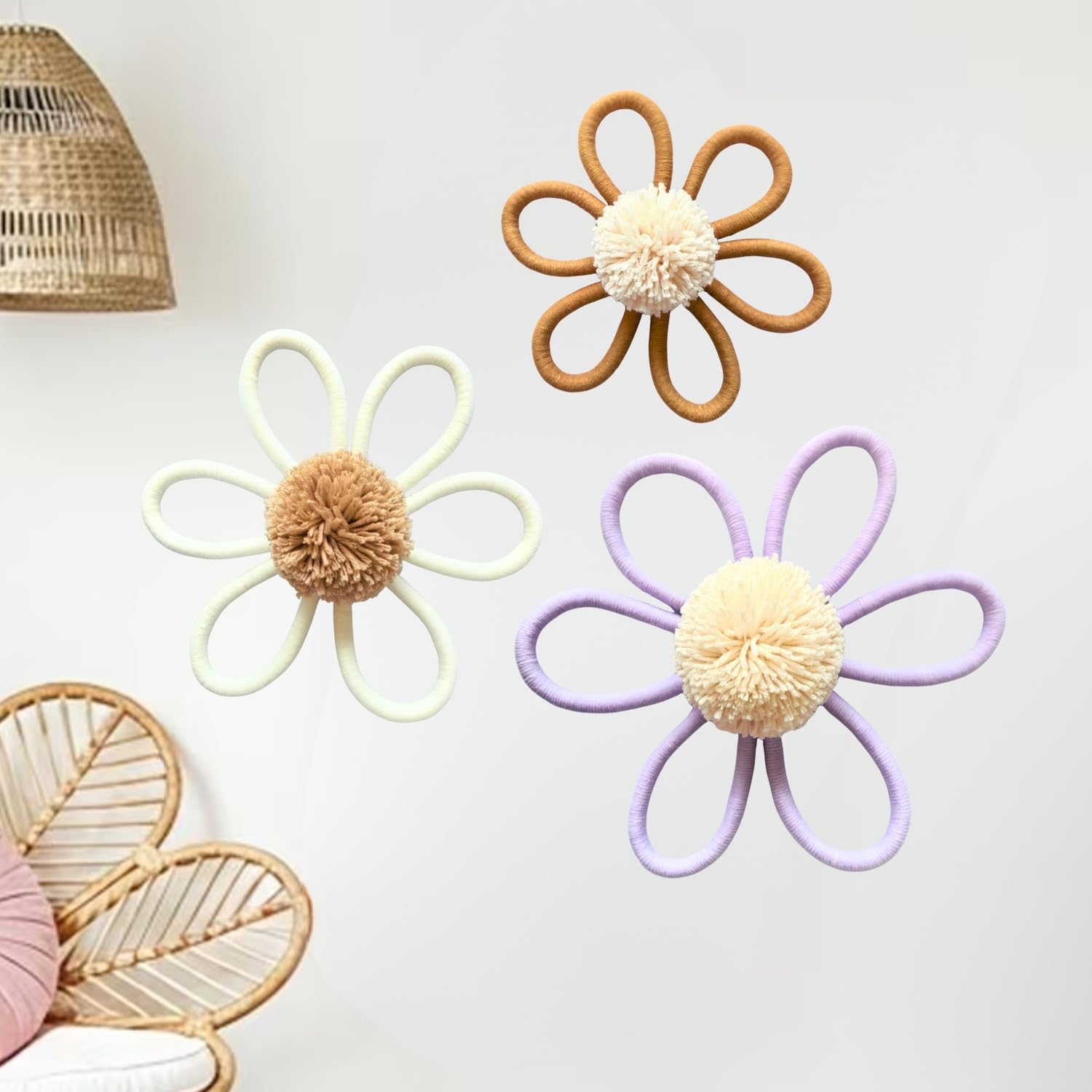 JoyuHome Boho Nursery Decor 3Pcs Handwoven Macrame Daisy Flower Wall Hanging - Wall Art for Baby Girls Room, Nursery, Home Decor, Wall Decor Gifts (White-Brown-Purple)
