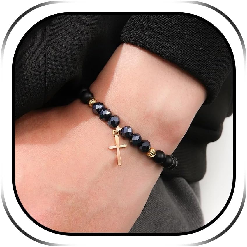 Cross Bracelet for Men Cross Beaded Bracelets Faith Religious Easter Catholic Christian God Jesus Communion Baptism Jewelry Gift Easter Basket Stuffers