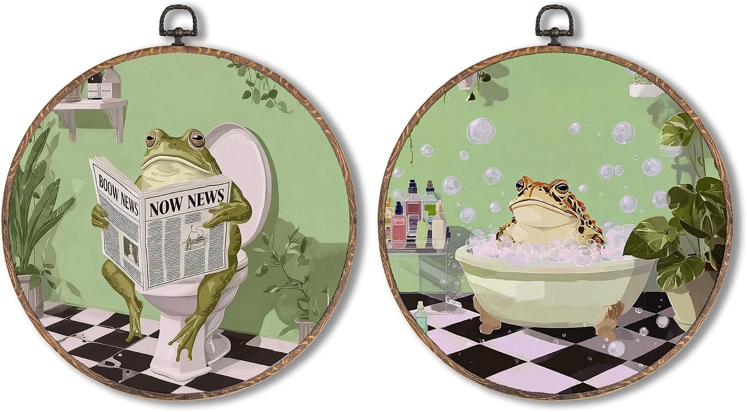 Hxlac Funny Bathroom Frog Round Wall Art Framed Set of 2, Funky Frog in Bath Round Wall Decor, Eclectic Animal Bathroom Hanging Canvas Prints Wall Sculptures for Home Living Room Decor, 10x10 Inch