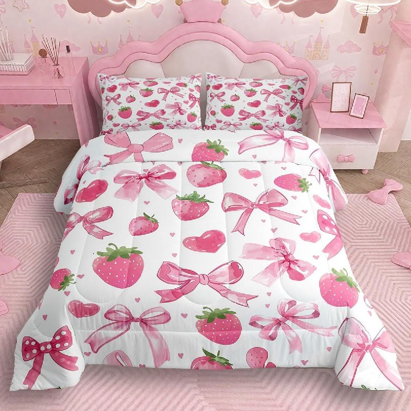 jejeloiu Watercolor Bow Bedding Set Twin Size Strawberry Duvet Set for Boys Girls Teens Dreamy Princess Style Comforter Breathable Soft Lightweight Microfiber Room Decor Duvet Quilt