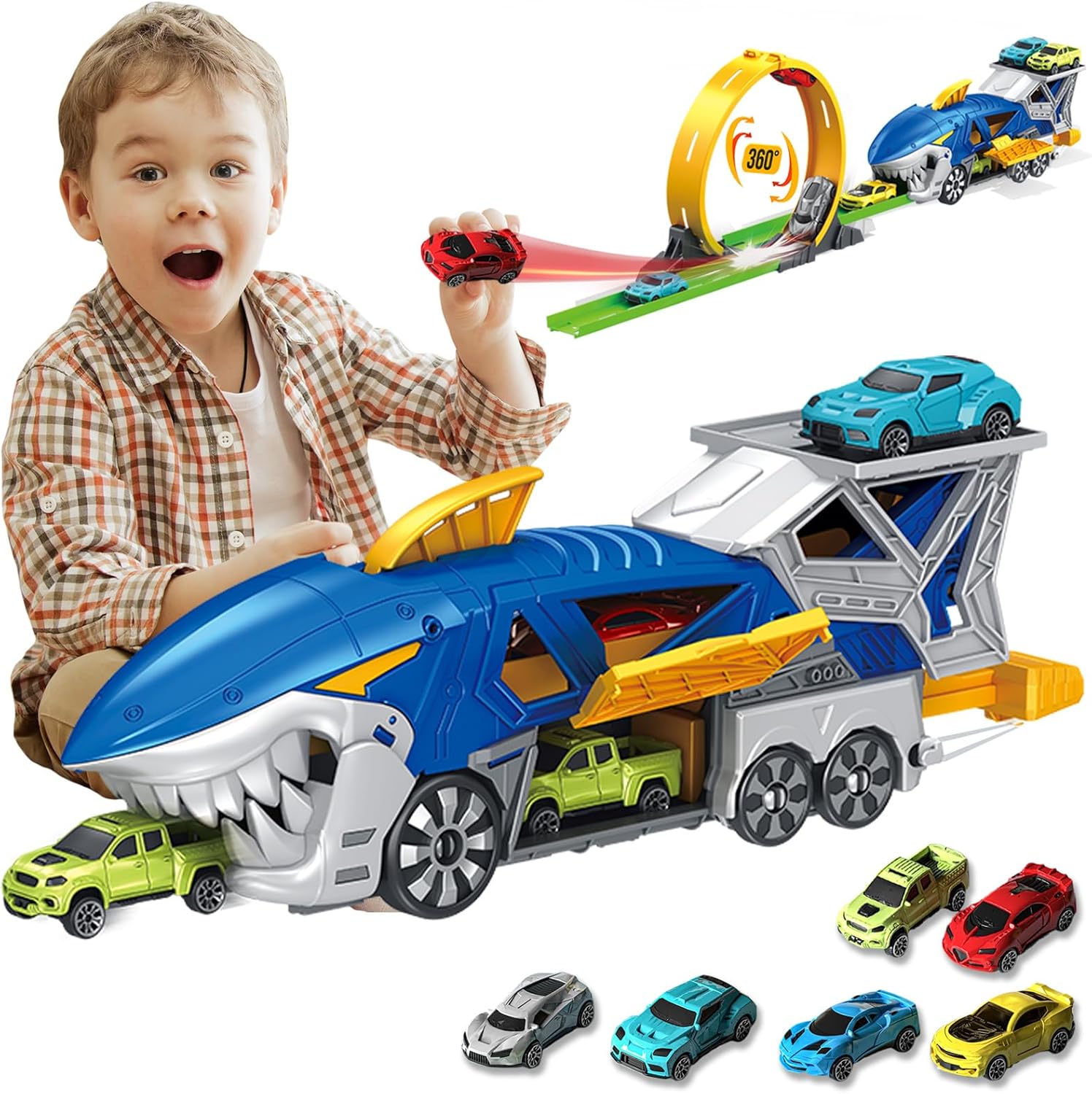 Carrier Truck Race Track Kids Toys, Shark Toy, 6 Race Cars STEM