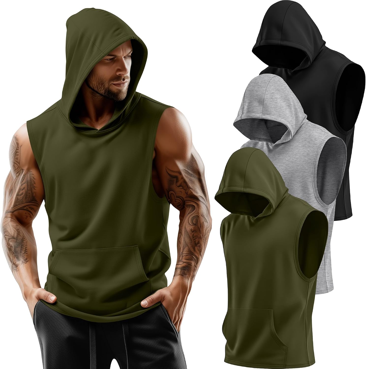 3 Pack Men's Workout Hooded Tank Tops
