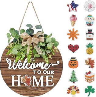 PR!CE DROP ( ) Interchangeable Seasonal Welcome Sign Front Door Decor, 12 Inch Round Wood Wreaths Wall Hanging Indoor Outdoor, Farmhouse, Rustic, Porch, for Spring Summer Fall All Seasons Holiday Home Decoration