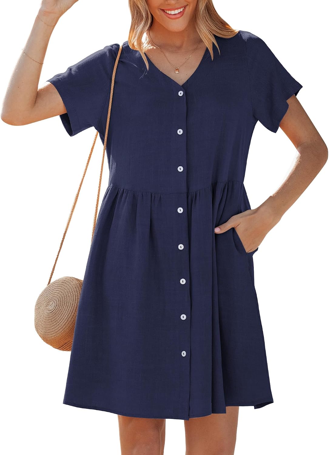 GRAPENT Linen Dresses for Women Casual Summer Babydoll Button Down Short Sleeve V Neck Above Knee Dress with Pockets
