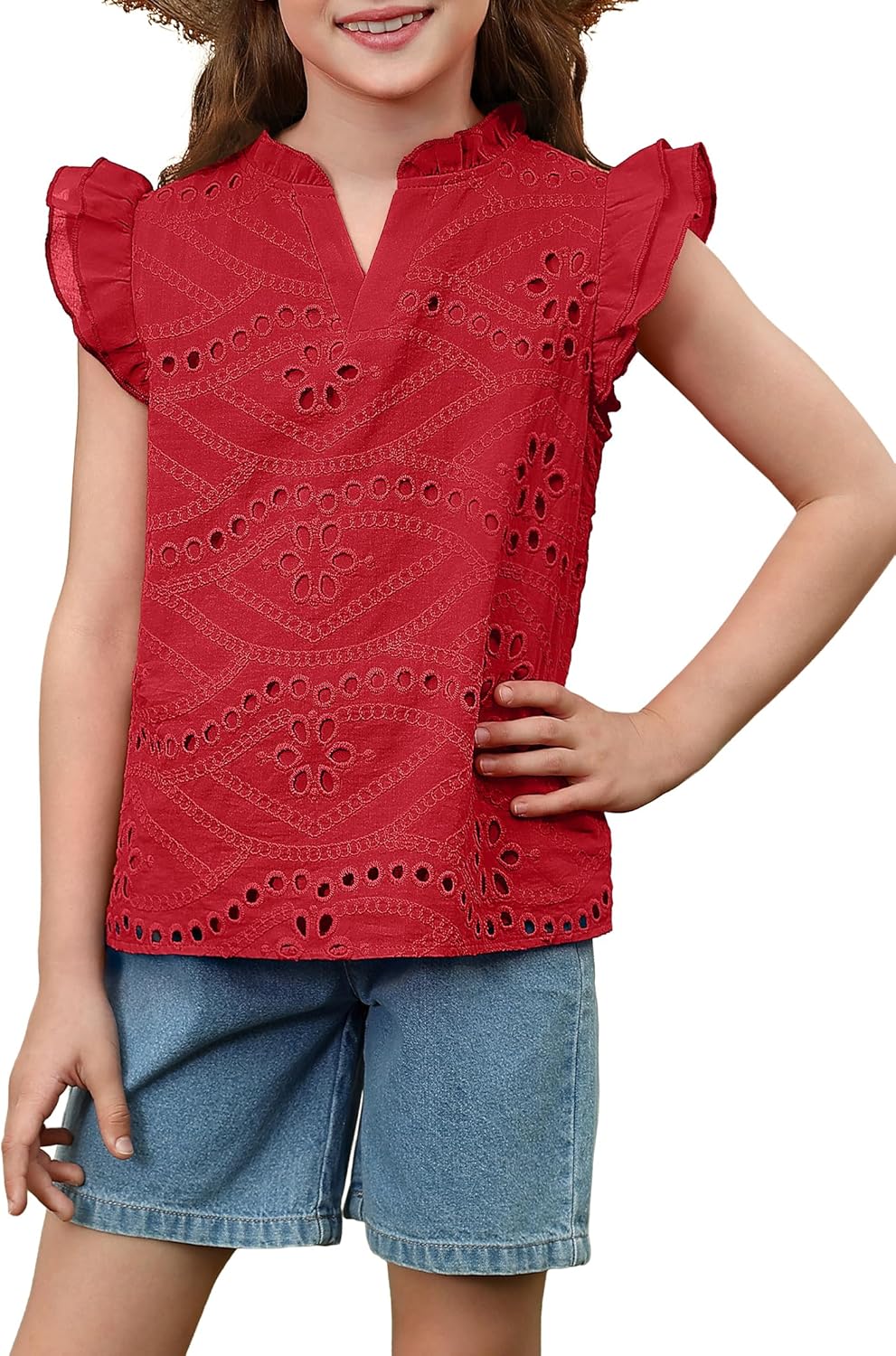 XMWEALTHY Girls Summer Tops Cute Double Layer Ruffle Sleeve T Shirts Fashion Hollow Out V Neck Red Shirt for Girls Cotton Tops 7-8T