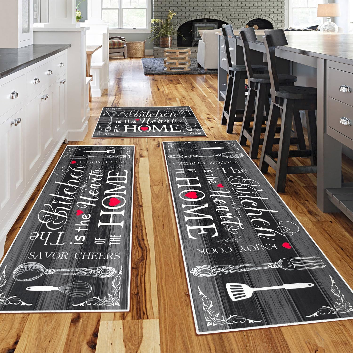 Farmhouse Kitchen Rugs 3 Piece Set, Washable Non-Slip Home Decor Rugs and Mats, Rustic Runner Carpets for Kitchen Counter, Laundry Rooms and Hallways (Knife Grey, 20"x32"+20"x47"+20"x59")
