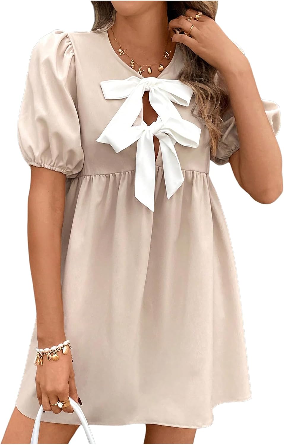 SweatyRocks Women's Bow Puff Short Sleeve Dress Tie Front A Line Babydoll Dresses